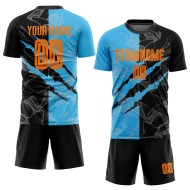 Benutzerdefinierte Graffiti Muster Bay Orange Schwarz-Himmel Blau Scratch Sublimation Fußball Uniform Jersey
