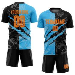 Benutzerdefinierte Graffiti Muster Bay Orange Schwarz-Himmel Blau Scratch Sublimation Fußball Uniform Jersey