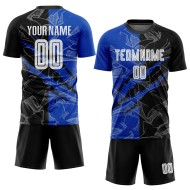 Benutzerdefinierte Graffiti Muster Schwarz-Donner Blau Scratch Sublimation Fußball Uniform Jersey Benutzerdefinierte Graffiti Muster Schwarz-Donner Blau Scratch Sublimation Fußball Uniform Jersey