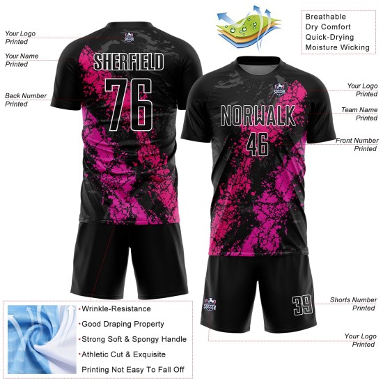 Benutzerdefinierte schwarz Hot Pink-Deep Pink Dripping Splatter Kunst Sublimation Fußball Uniform Jersey Benutzerdefinierte schwarz Hot Pink-Deep Pink Dripping Splatter Kunst Sublimation Fußball Uniform Jersey