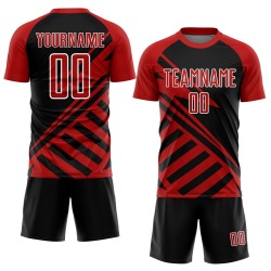 Benutzerdefinierte schwarz rot-weiß Linien Sublimation Fußball Uniform Trikot
