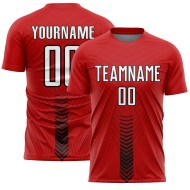 Benutzerdefinierte rot weiß-schwarz Pfeil Formen Sublimation Fußball Uniform Trikot