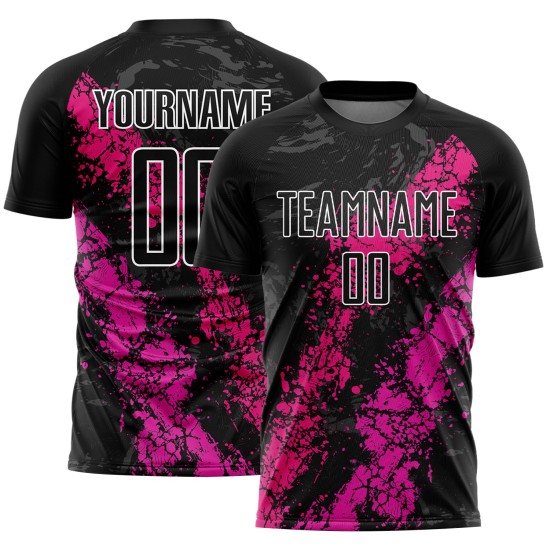 Benutzerdefinierte schwarz Hot Pink-Deep Pink Dripping Splatter Kunst Sublimation Fußball Uniform Jersey Benutzerdefinierte schwarz Hot Pink-Deep Pink Dripping Splatter Kunst Sublimation Fußball Uniform Jersey