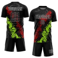 Benutzerdefinierte schwarz rot-neongrün tropfenden Splatter Kunst Sublimation Fußball Uniform Jersey Benutzerdefinierte schwarz rot-neongrün tropfenden Splatter Kunst Sublimation Fußball Uniform Jersey
