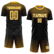 Benutzerdefinierte schwarz gold-weiß Halbtonpunkte Sublimation Fußball Uniform Trikot Benutzerdefinierte schwarz gold-weiß Halbtonpunkte Sublimation Fußball Uniform Trikot
