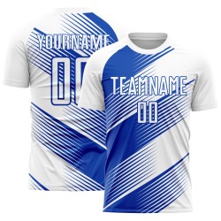 Benutzerdefiniertes weißes Thunder Blue Line Sublimations-Fußballtrikot