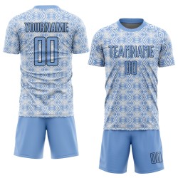 Benutzerdefinierte Hellblau Schwarz-Weiß Geometrische Formen Sublimation Fußball Uniform Trikot