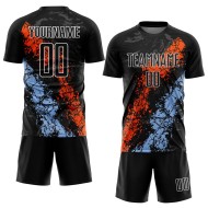 Benutzerdefinierte schwarz orange-hellblau tropfenden Splatter Kunst Sublimation Fußball Uniform Jersey Benutzerdefinierte schwarz orange-hellblau tropfenden Splatter Kunst Sublimation Fußball Uniform Jersey